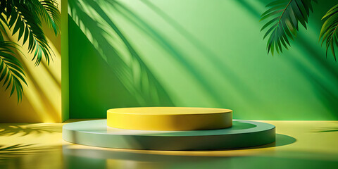 Poster - A circular display platform in vivid yellow and green sits against a colorful background filled with tropical leaves. The scene captures soft shadows and bright colors