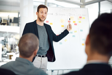 Poster - Business people, whiteboard and sticky notes for meeting in office, planning and boardroom for progress. Man, mentor and talk to staff on productivity in workplace, charts and brainstorming project