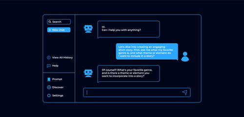 Poster - chatting with artificial intelligence. chat bot user interface in blue dark style with messages.