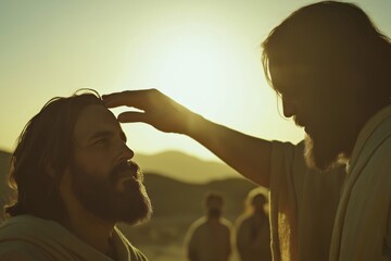 Jesus cures the blind man in soft midday light with minimalist desert background and onlookers, Biblical religious stories, illustrations Christian faith in God