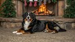 © PB Studio - Dog by the Fireplace : “2025”. A contented Bernese Mountain Dog lying by a crackling fire, stockings hung above. Cozy warmth. Copy space near the hearth.