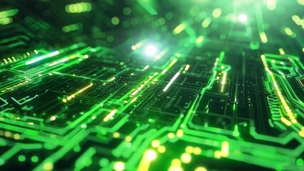Poster - Vibrant green circuit board with glowing lines and patterns, showcasing futuristic technology and digital innovation through intricate designs and abstract energy.