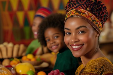 Joyful family gathering celebrating Kwanzaa with traditional decor and a kinara surrounded by festive fruits