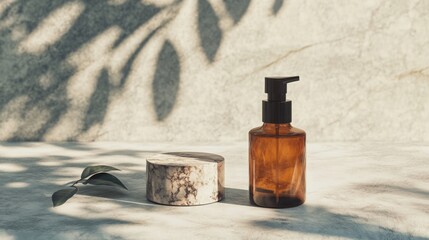 Aufkleber - A brown bottle of liquid soap sits on a white marble surface with a small, round, marble-patterned stand and a leaf nearby. The background is a white stone wall with shadows of leaves cast on it.
