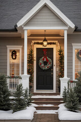 A house exterior and entrance decorated for Christmas