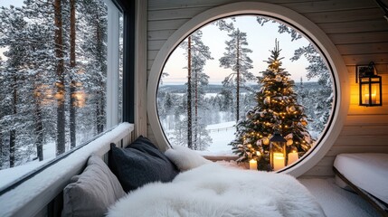 A warm armchair sits by a round window, surrounded by glowing candles and lanterns. Outside, a serene forest is blanketed in snow, featuring a beautifully lit Christmas tree