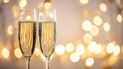 Aufkleber - Two elegant champagne glasses are raised in a toast, filled with bubbly. The background is adorned with soft, twinkling lights, creating a warm and celebratory ambiance perfect for special occasions.