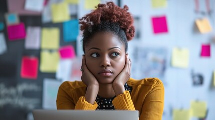 Poster - Thoughtful Woman at Desk in Busy Workspace