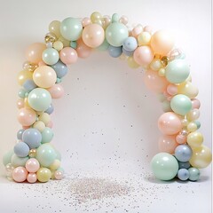 A beautifully arranged pastel balloon arch perfect for celebrations. This charming decoration adds a joyful atmosphere to any festive event or party setting.