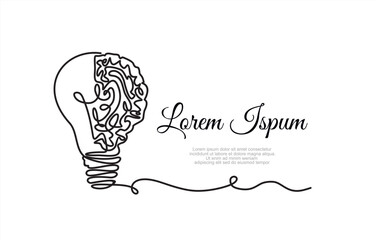 Aufkleber - Single continuous line drawing of light bulb with human brain. Creative brain Idea concept with light bulb and brain