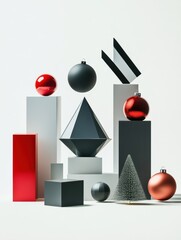 Poster - Geometric shapes and Christmas ornaments are stylishly arranged, creating a vibrant and festive display for the holiday season. Generative AI
