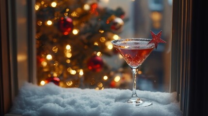 Poster - A beautifully crafted cocktail sits on a snowy windowsill, framed by a sparkling Christmas tree adorned with lights and ornaments. The warm glow creates a cozy holiday atmosphere.
