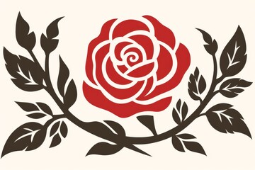Aufkleber - Minimalist red flower silhouette with pale green leaves on a crisp white background