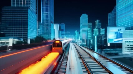 Poster - Futuristic train speeds through a digital city at night, leaving a vibrant trail of light. The scene captures the essence of advanced technology and urban energy in motion