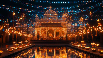 A temple beautifully illuminated with lights and decorations for Diwali