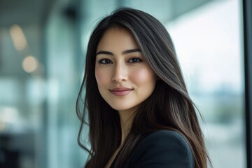 Young professional woman posing confidently in an office setting. She has long dark hair and a warm smile. Stylish and modern vibe for business stock imagery. Generative AI