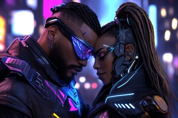 Poster - Cyberpunk couple sharing a moment in a neon-lit city, with futuristic technology and glowing lights symbolizing their deep connection in a high-tech world