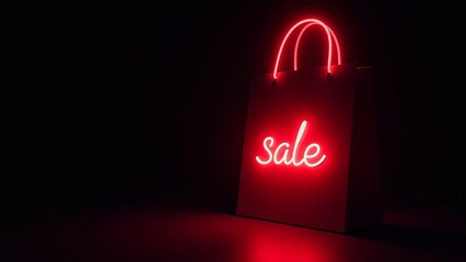 Wall Mural - red neon glowing letters sale on a black shopping bag. retail promotions, discount events and social