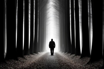 Aufkleber - Dark, gothic figure walking through a misty forest, with light breaking through the trees, symbolizing the balance of darkness and light in living life fully