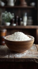 a bowl of white flour sits on a rustic wooden table highlighting the fine texture and purity of the ingredient in a warm inviting kitchen setting