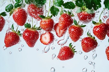 Wall Mural - Fresh strawberries captured in a splash of water. The vibrant red color pops against the clear bubbles. A perfect image for food blogs and healthy living. Generative AI