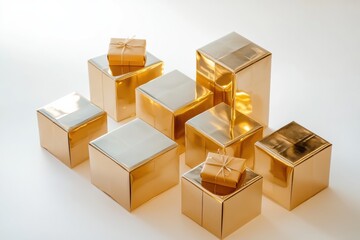 Poster - A collection of golden geometric gift boxes stacked creatively, reflecting light, perfect for celebrating special events or holidays. Generative AI