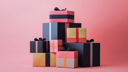 Aufkleber - Colorful geometric gift boxes are stacked neatly, creating a visually appealing arrangement against a pink background. Generative AI