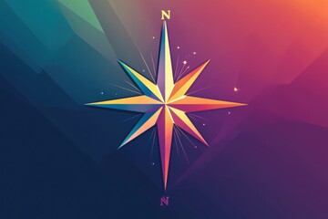 Fototapete - This design showcases a geometric compass rose with distinct lines and a central point on a colorful gradient background. Generative AI