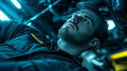 Mechanic Working Under a Vehicle in Blue Lighting