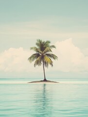 Poster - This tropical island showcases a lone palm tree surrounded by calm blue waters and a gentle sky, creating a peaceful atmosphere. Generative AI