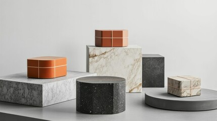 Aufkleber - Gift boxes in geometric shapes are elegantly displayed on various platforms, showcasing a contemporary aesthetic in a bright space. Generative AI