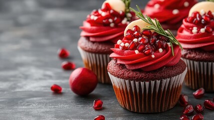 Red velvet cupcakes are beautifully decorated with creamy frosting, pomegranate seeds, and fresh rosemary, creating a festive atmosphere perfect for winter celebrations