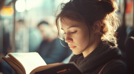 Woman reading a book on public transportation, surrounded by other passengers in a busy environment.