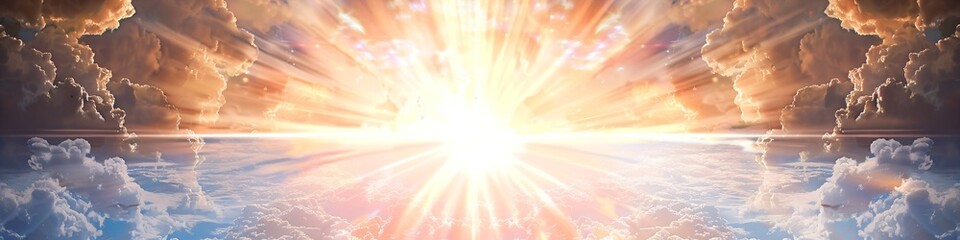 Beautiful sky at sunrise with clouds and sun. Heavenly light rays breaking through clouds. Divinity light. Easter morning. Biblical scene, heaven, sign from God.  Resurrection and ascension of Christ