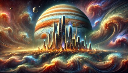 Leinwandbilder - Futuristic city beneath swirling gas clouds of Jupiter