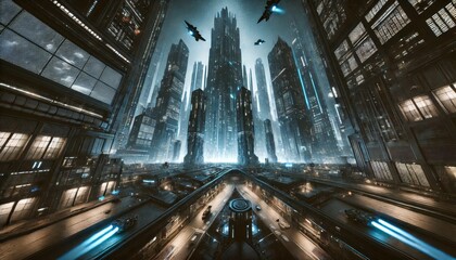 Leinwandbilder - A cityscape with a futuristic look and a blue sky. There are many buildings and cars in the city