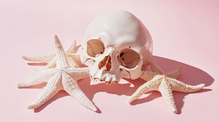 Poster - Starfish Resting Around A Skull On Pink Background