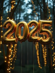 Golden balloon numbers 2025, New Year's Eve celebration, festive atmosphere, twinkling fairy lights, bokeh effect, nighttime outdoor setting, shallow depth of field, warm glow, holiday party decor, re