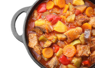 Poster - Delicious stew with vegetables in pot isolated on white, top view