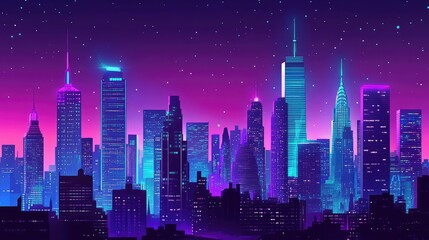 Wall Mural - A city skyline at night with bold neon silhouettes of skyscrapers, glowing in bright purple and turquoise hues