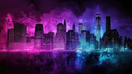 Wall Mural - A city skyline at night with bold neon silhouettes of skyscrapers, glowing in bright purple and turquoise hues