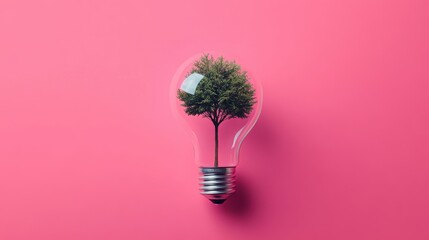 Poster - Tiny Tree Inside a Light Bulb Against Pink Background