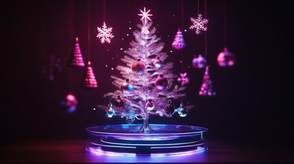 Poster - A vibrant Christmas tree adorned with sparkling ornaments stands on a reflective platform. Surrounding the tree, colorful snowflakes and festive decorations create a joyful holiday atmosphere.