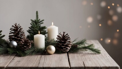 Wall Mural - Christmas decoration of a wooden table in a rustic style, made in a minimalist style. Christmas decorations such as pine cones, candles and ornaments carefully selected to create a sense of harmony.