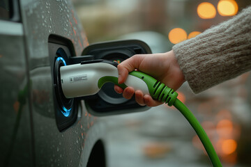 Close-up of electric car being charged with a green cable, promoting clean energy, sustainability, and the future of eco-friendly transportation technologies and electric vehicles.