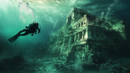 A scuba diver explores the depths and discovers the conceptual lost city of Atlantis. 