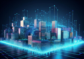 Lowpoly 3D smart city wire mesh A idea for an intelligent building automation system that uses binary code data flow to demonstrate urban architecture technologies