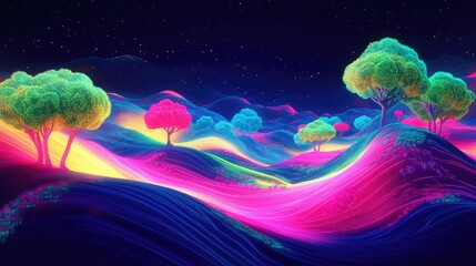 Wall Mural - A vibrant neon digital landscape with rolling hills and glowing trees, illuminated in bright pink, blue, and green hues