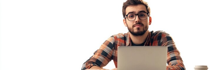 Poster - A young man in glasses focuses on his laptop, embodying the freelance lifestyle while working from home in a bright setting. Generative AI