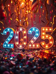 2025 new year celebration with burning numbers and bokeh lights. New Year 2025. Ultra realistic. Photorealistic 